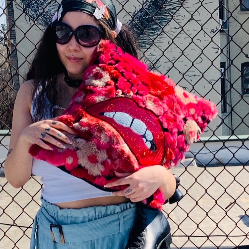 Pillow made w/Anna Sui faux fur and sequin lips